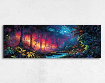 Neon Jungle Panoramic Wall Art, Framed Canvas Print, Ready To Hang