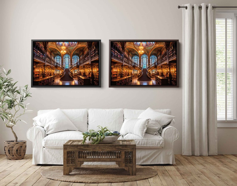 Grand Library Photorealistic Print, Framed Canvas Wall Art, Ready to ...