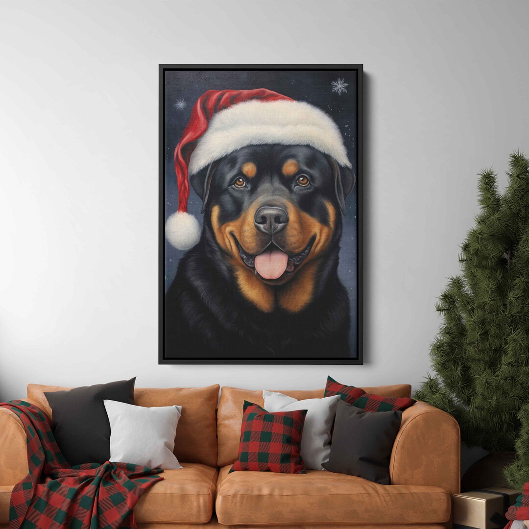 Painting of A Rottweiler Wearing A Santa Hat, Canvas Wall Art Print ...