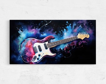 Guitar In Space Watercolor Painting, Framed Canvas, Ready To Hang