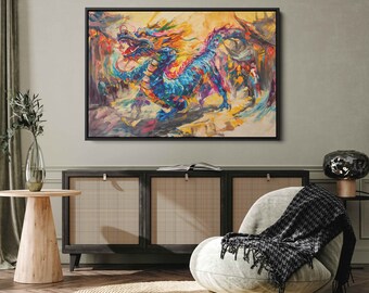 Acrylic Chinese Dragon Wall Art Canvas Print, Multicolor Asian Art, Flaming Dragon, Prosperity, Ready To Hang