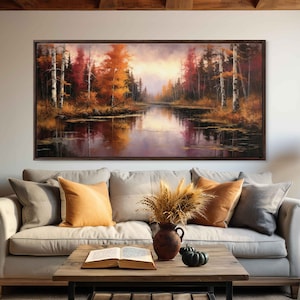 Landscape Oil Painting Of Realistic Forest And River In Autumn, Framed Canvas Print, Ready To Hang, Office Decor, Living Room Decor
