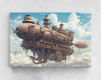 Steampunk Airship Wall Art, Framed Canvas Print, Ready To Hang
