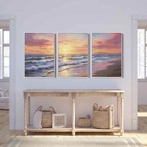 Sunset Beach Acrylic Painting, 3 Panel Wall Art, Framed Canvas Print, Ready To Hang, Triptych Wall Art