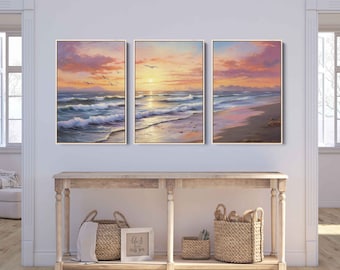 Sunset Beach Acrylic Painting, 3 Panel Wall Art, Framed Canvas Print, Ready To Hang, Triptych Wall Art