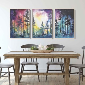 Moonlit Forest Watercolor Painting, 3 Piece Wall Art, Framed Canvas Print, Ready To Hang, Triptych Wall Art image 3