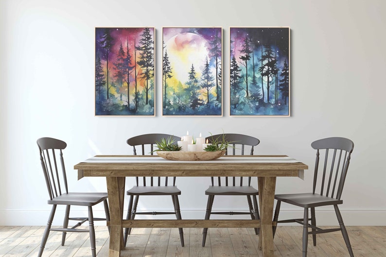 Moonlit Forest Watercolor Painting, 3 Piece Wall Art, Framed Canvas Print, Ready To Hang, Triptych Wall Art image 3