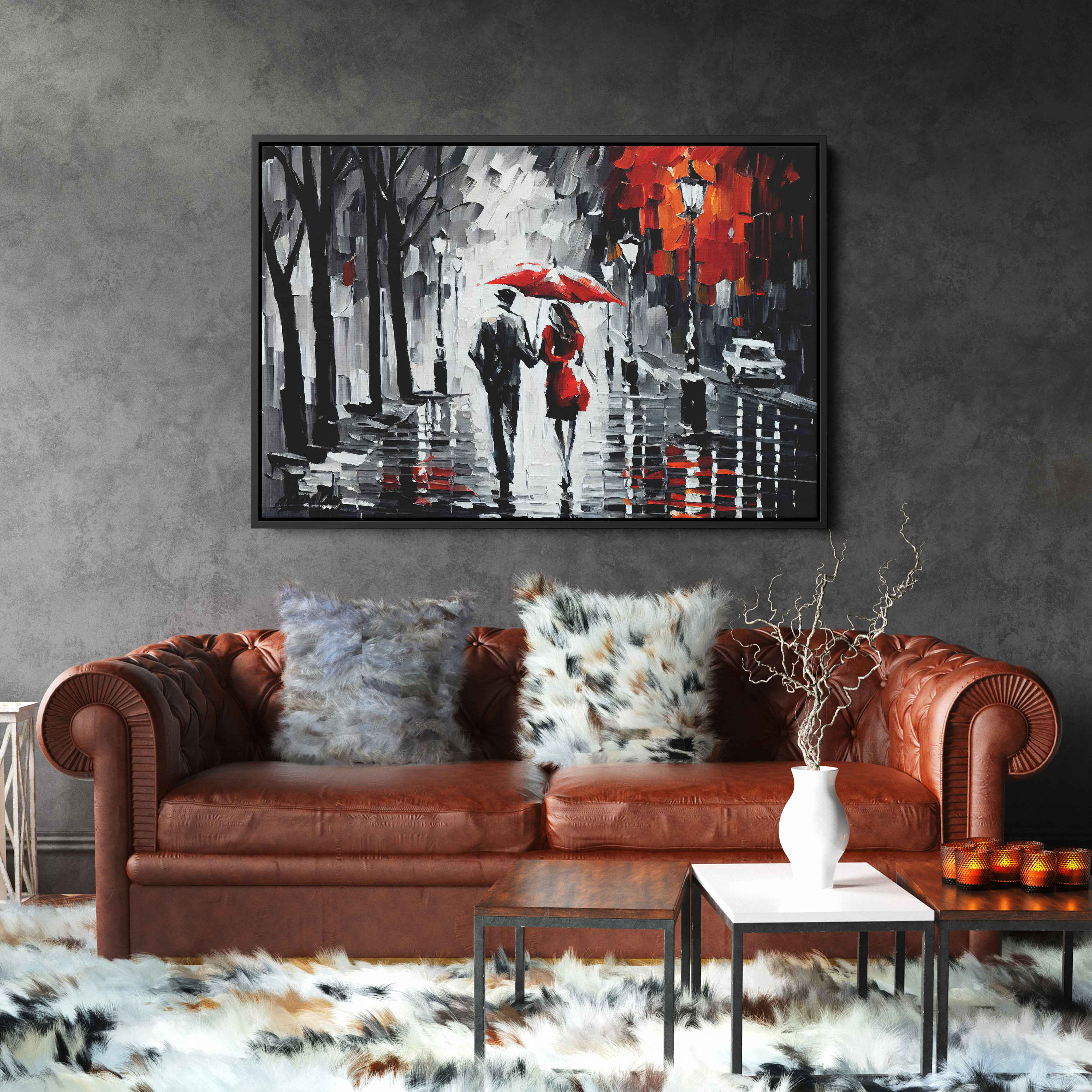 Romantic Couple with Green Umbrella in London Canvas