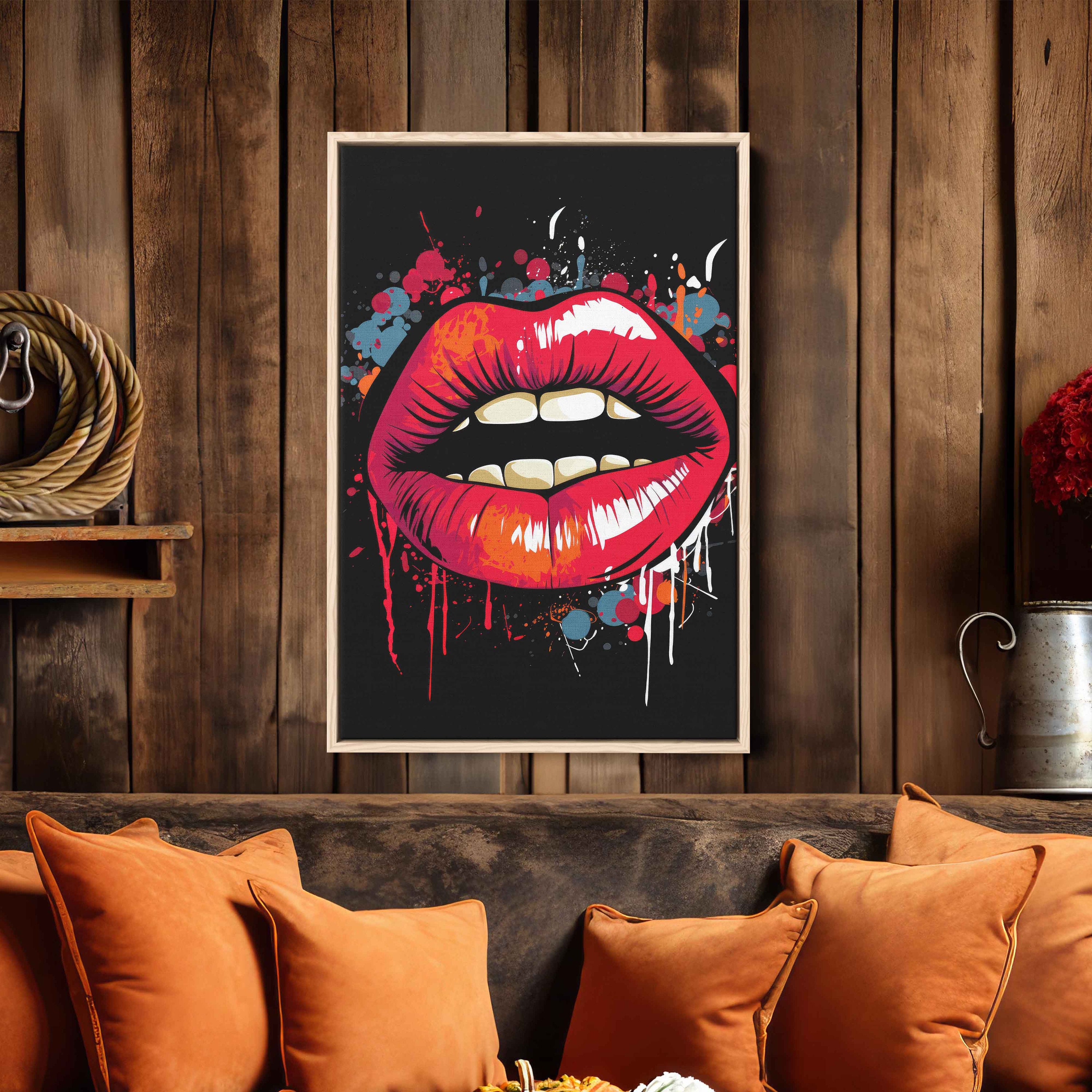 Colorful Pop Art Lips, Paint Splash Wall Art, Framed Canvas Print