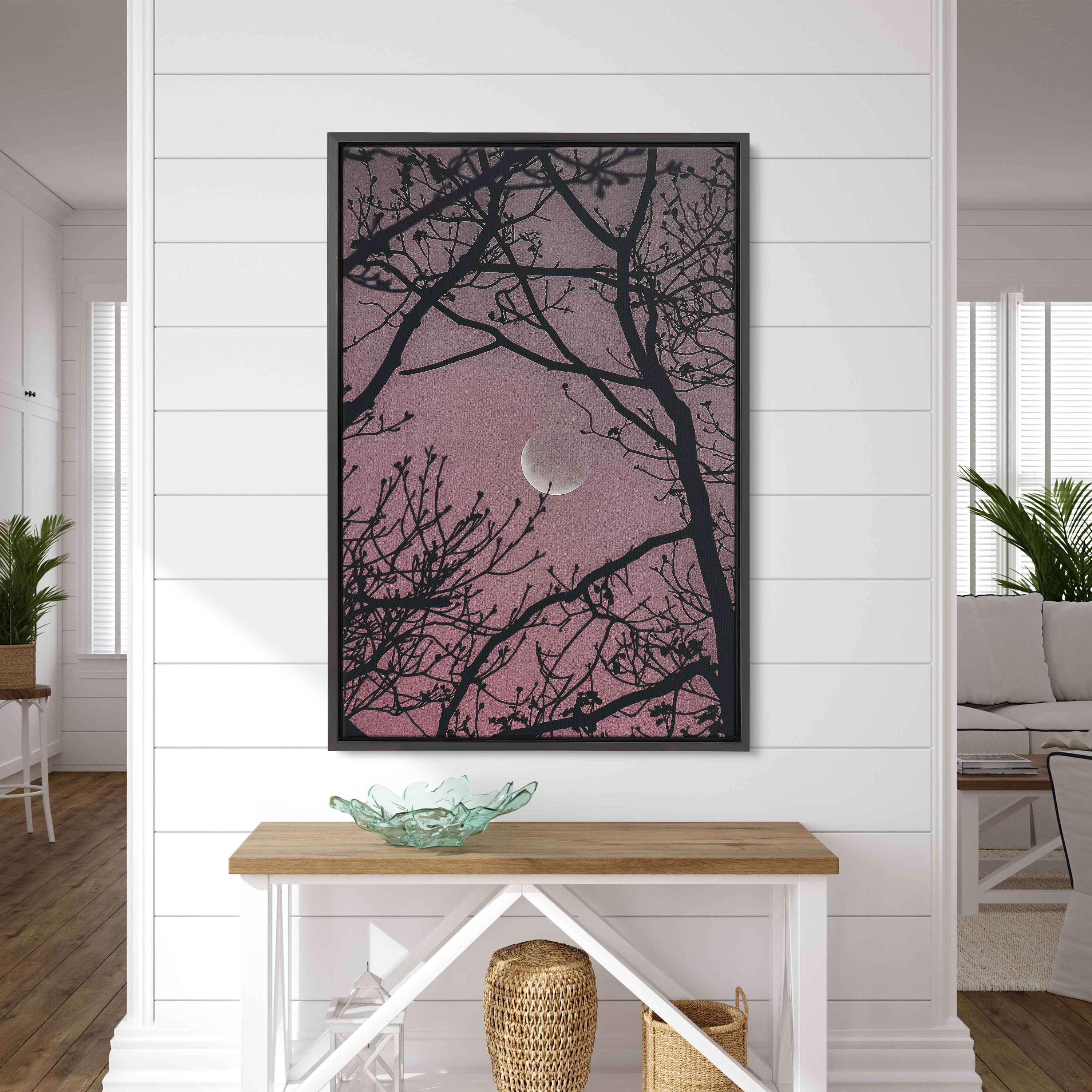 Crescent Moon Shown Through Tree Branches Wall Art Canvas Print ...