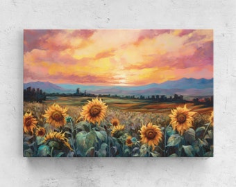 Sunflower Field In Sunset Oil Painting, Floral Garden And Botanical Landscape Scenery, Wrapped Canvas Print, Office Decor, Home Decor
