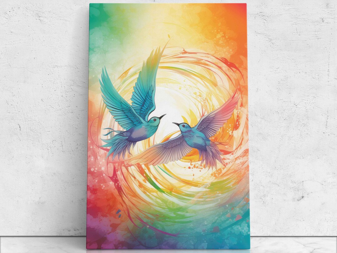 Two Hummingbirds Flying Together in Circles, Colorful Digital