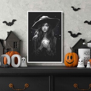 Celestial Witch Under Full Moon, Black And White, Halloween Wall Art, Framed Canvas Print, Ready To Hang, Halloween Gift Ideas
