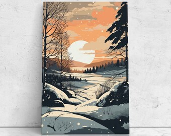 Sunset Winter Pop Art Landscape Illustration, Framed Canvas, Ready To Hang, Cabin Decor, Winter Decor