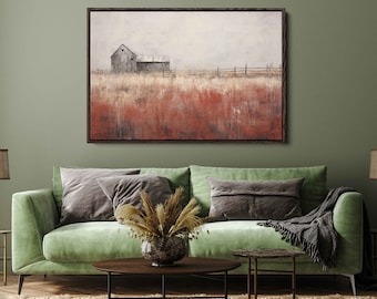 Minimalistic Rustic Farmland Wall Art Canvas Print, Old Farmhouse, Rural Landscape Fields Of Hay, Ready To Hang