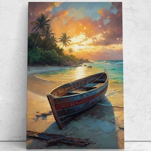 Boat On A Beach During Sunrise Oil Painting, Digital Print On Canvas, Ready To Hang, Beach House Decor, Beach Landscape Art