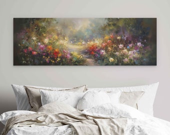 Colorful Panoramic Flower Garden Oil Painting, Digital Print On Canvas, Bright Vibrant Colors, Ready To Hang, Perfect Mother's Day Gift