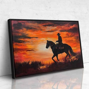Cowboy Riding Horse Into Sunset Acrylic Wall Art Canvas Print, Western ...