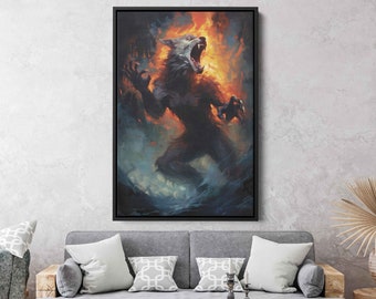Fiery Werewolf Painting, Framed Canvas Print, Ready To Hang, Halloween Art