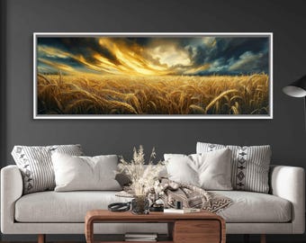 May include: A panoramic landscape photograph of a golden wheat field at sunset. The sky is filled with dramatic clouds, with a warm glow of light emanating from the horizon. The wheat stalks are tall and lush, creating a sense of peace and tranquility.