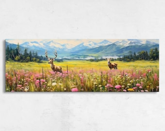 Panoramic Spring Field Deer Painting, Framed Canvas Print, Ready To Hang, Wildlife Art, Gift For Hunter