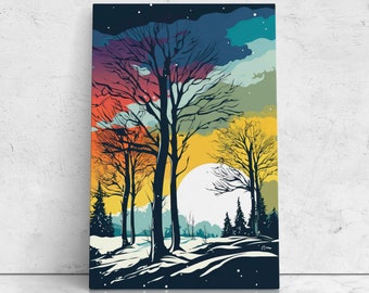 Colorful Winter Landscape Pop Art, Digital Illustration On Canvas, Ready To Hang