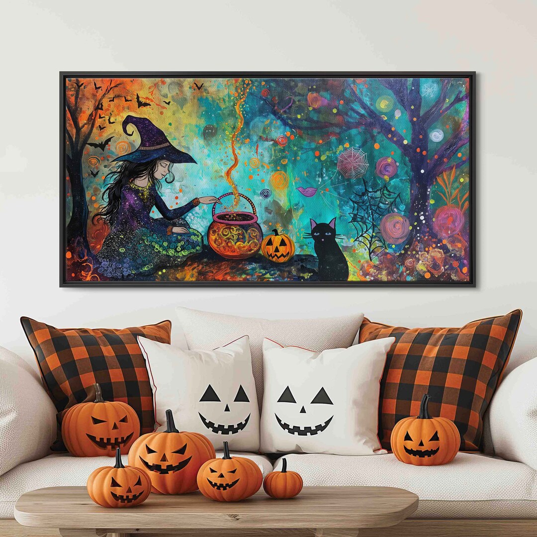 Witch Brewing Potion in Cauldron With Her Black Cat and Jack O Lantern ...