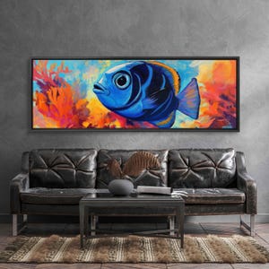 Vibrant Blue Tang Fish, Wall Art Canvas Print, Acrylic Painting, Coral Background, Underwater Scene