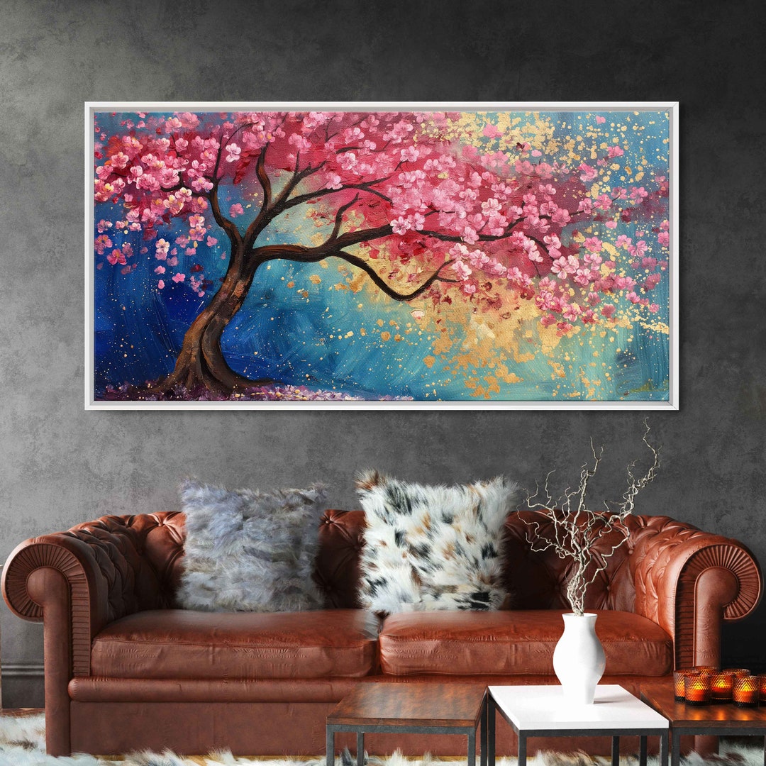 Vibrant Cherry Blossom Tree Painting, Cherry Blossom Petals, Vivid ...