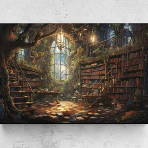 May include: An artistic rendering of a whimsical library. The scene features a large, open room with bookshelves, a winding staircase, and a large window. The room is filled with books, and the walls are covered in vines and foliage, creating a magical atmosphere.