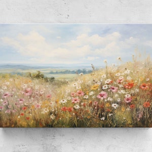 Vintage Wildflower Field Acrylic Painting, Framed Canvas Print, Ready To Hang