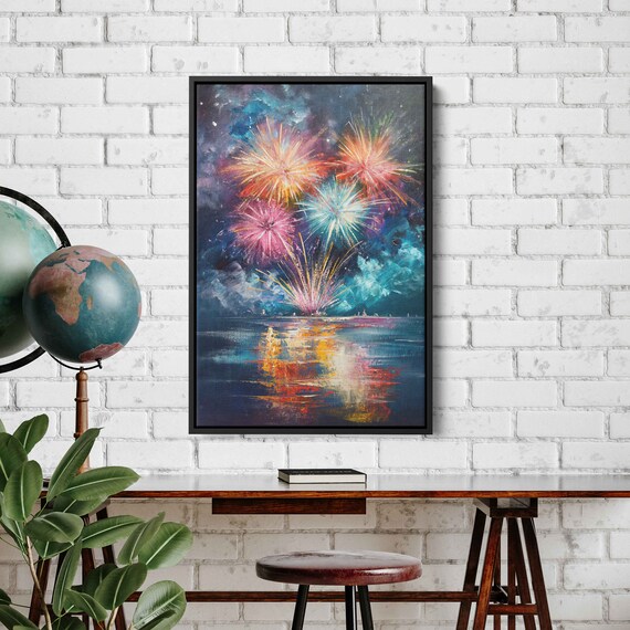 Exploding Fireworks Over Water Wall Art Canvas Print, Colorful Explosions In Sky, Ready To Hang