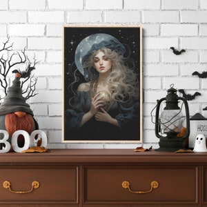 Celestial Witch Under Full Moon, Halloween Wall Art, Framed Canvas Print, Ready To Hang, Halloween Gift Ideas, Wiccan Wall Art