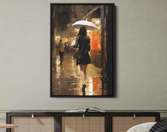Lady Walking With White Umbrella Wall Art Canvas Print, Italian Streetlife, Pallete Knife Watercolor, Rainy Days, Ready To Hang