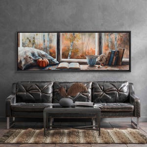 Cozy Autumn Scene With Books And Warm Drink On Windowsill Wall Art Canvas Print, Fall Foliage, Cabin Decor, Fall Scenery, Ready To Hang