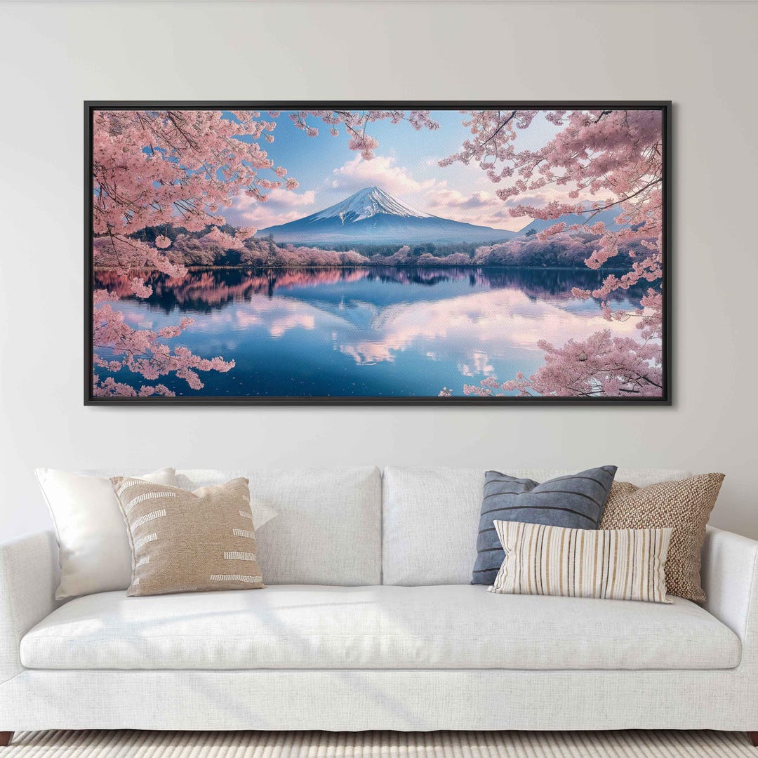 Mount Fuji Reflection, Wall Art Canvas Print, Cherry Blossom Trees ...