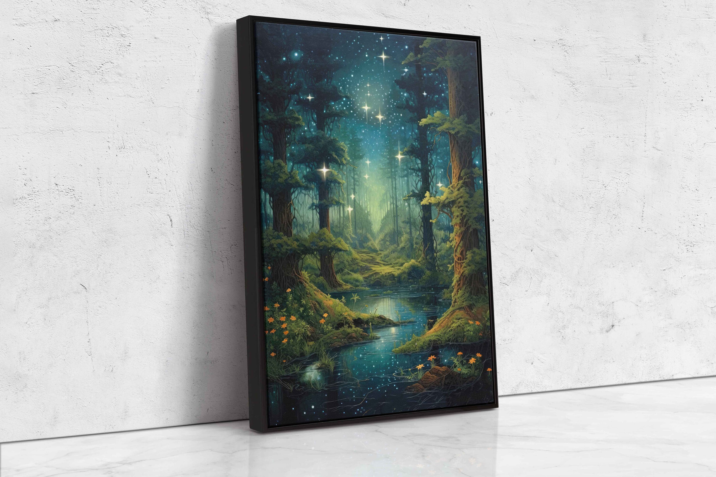Enchanted Forest Starry Night Sky, Digital Print on Canvas, Framed Art ...