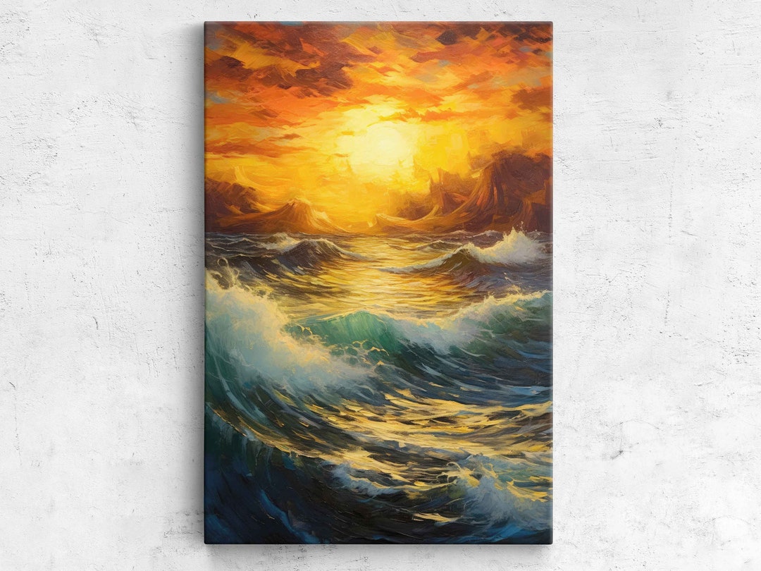 Modern Beach Waves Sunset Oil Painting, Framed Canvas Print, Ready to ...