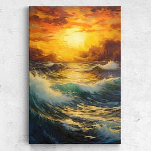 Modern Beach Waves Sunset Oil Painting, Framed Canvas Print, Ready To Hang, Beach House Decor, Guest Room Decor, Vibrant Colors