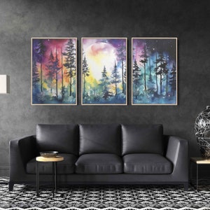 Moonlit Forest Watercolor Painting, 3 Piece Wall Art, Framed Canvas Print, Ready To Hang, Triptych Wall Art image 1