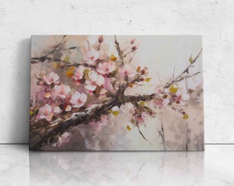 Cherry Blossom Branch Modern Oil Painting, Digital Print On Canvas, Ready To Hang, Japanese Art, Office Decor
