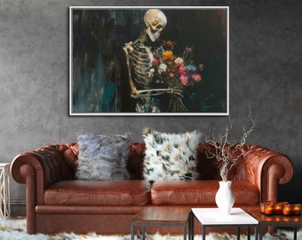 May include: A painting of a skeleton holding a bouquet of colorful flowers. The skeleton is depicted in a dark, moody setting, with a textured background. The painting is framed in a white frame.