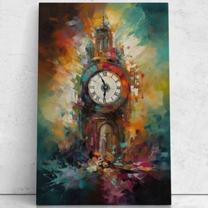 May include: A painting of a clock tower with a large clock face. The clock face is white with black Roman numerals and hands. The tower is painted in a variety of colors, including red, orange, yellow, green, blue, and purple. The background is a blur of colors.