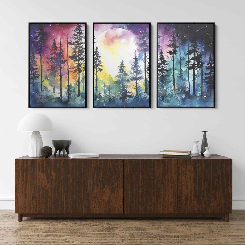 Moonlit Forest Watercolor Painting, 3 Piece Wall Art, Framed Canvas Print, Ready To Hang, Triptych Wall Art image 10