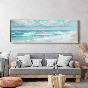 Calm Ocean Waves On Sandy Beach, Cloudy Skies, Panoramic Painting, Framed Canvas Print, Ready To Hang