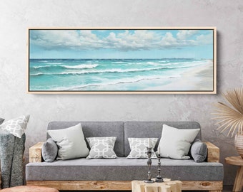 Calm Ocean Waves On Sandy Beach, Cloudy Skies, Panoramic Painting, Framed Canvas Print, Ready To Hang