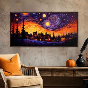 Starry Night Van Gogh Inspired Halloween Wall Art Canvas Print, Spooky Town , Ready To Hang
