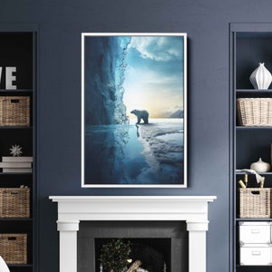 Polar Bear Ice Cap Wall Art Ready To Hang, Arctic Glacier, Frozen Tundra, Ready To Hang