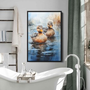 Ducks In Pond Watercolor Wall Art Canvas Print, Gift For Animal Or Nature Lover, Pair Of Baby Ducks Swimming, Ready To Hang