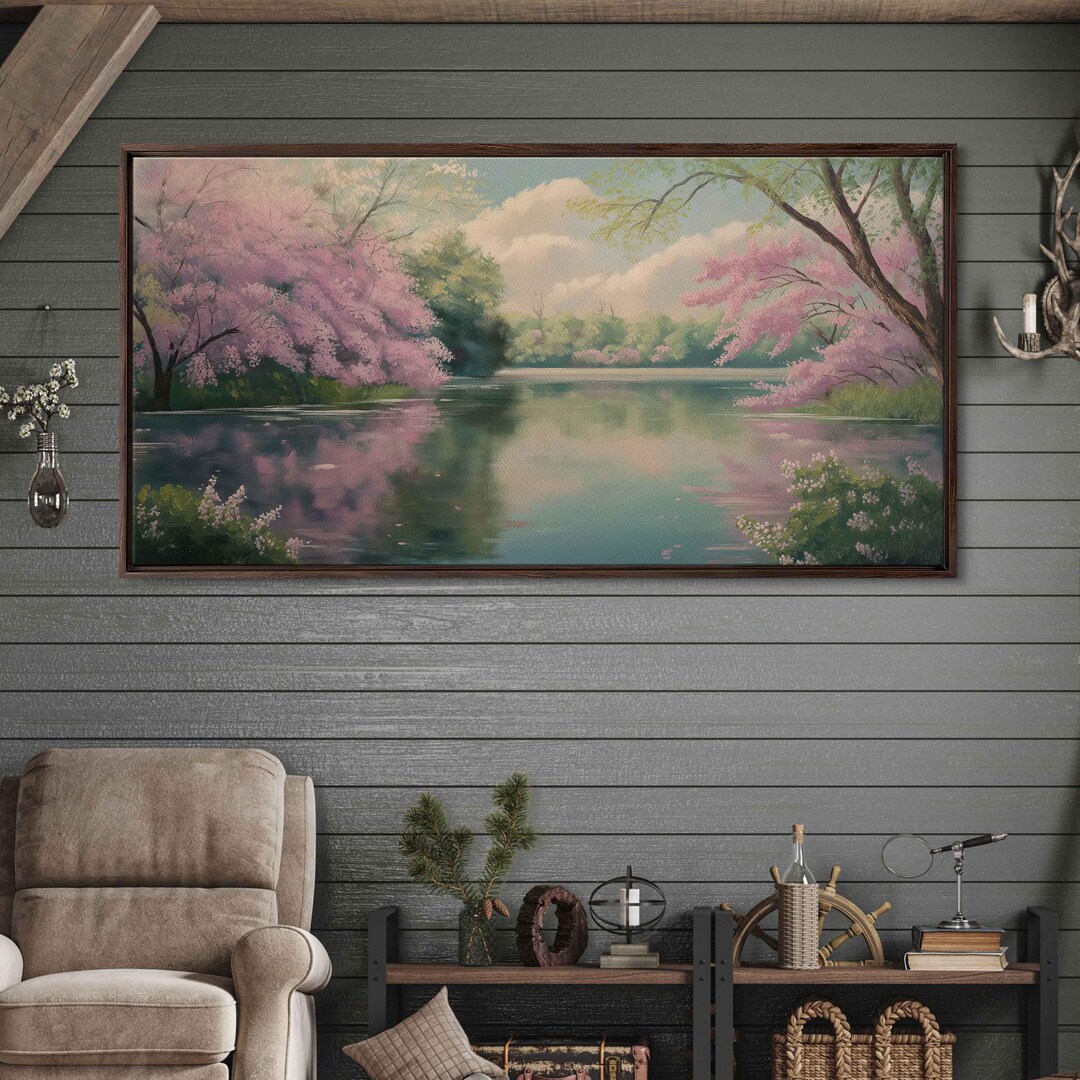 Spring Landscape, Wall Art Canvas Print, Serene Lake, Blooming Lilac ...